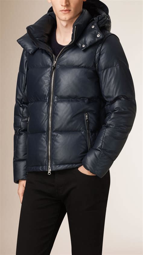 burberry men's blue puffer jacket with removable sleeves navy|reversible check nylon puffer jacket.